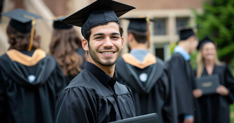 young cheerful student at graduation ceremony with diploma, happy man at university graduate