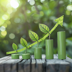 A rising green bar graph, with a plant stem acting as an ascending line on the chart, signifies an enhancement. This is a symbol of sustainable development and eco-friendly growth