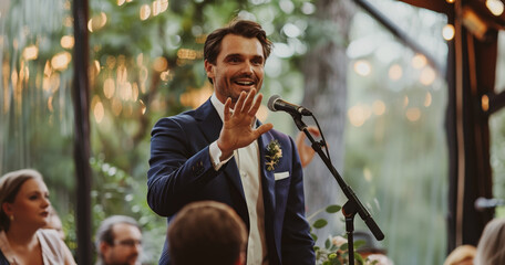 best man making speech at wedding ceremony celebration, friend or emcee speaking in microphone at holiday or birthday, happy male in suit toasting