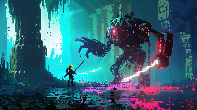The image is a pixelated illustration of a battle between a samurai and a giant robot.
