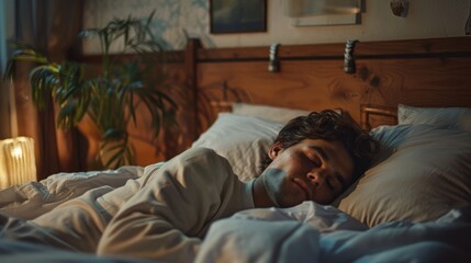 Fototapeta premium Hispanic man peacefully asleep in a cozy bedroom environment suggesting a state of calm and rejuvenation