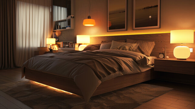 Modern bedroom interior with brown color and posters in dark, home design and decor with lamps. Theme of bed, style, light, room, house