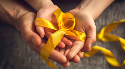 adult and child hands holding yellow gold ribbon Sarcoma Awareness Bone cancer childhood cancer awareness world suicide prevention day September Yellow : Generative AI