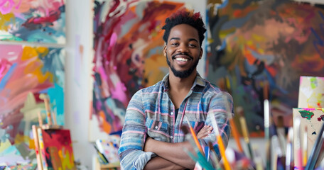 cheerful black african american painter man artist at drawing studio standing by creative colourful pictures and paintbrushes, hobby and art concept