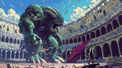 Obraz premium A brave knight is fighting a giant green monster in a pixelated colosseum. The monster is made of blocks and has a large mouth with sharp teeth.