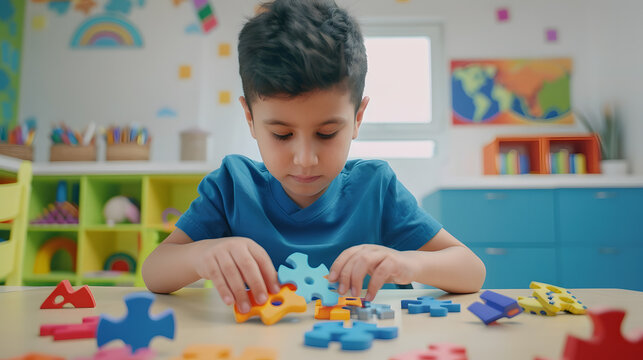 Adorable hispanic boy playing with maths puzzle game sitting on table at kindergarten : Generative AI