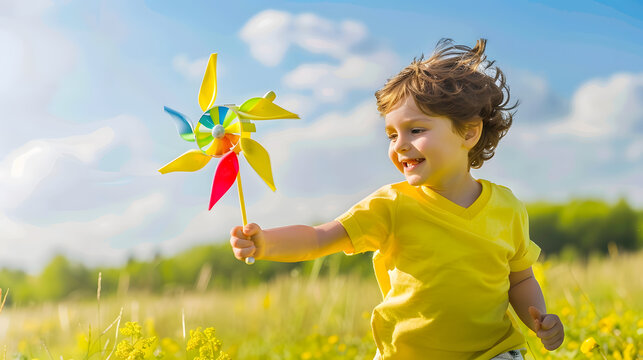 Happy child playing with toy pinwheel outdoors in summer in park against blue sky Child boy runs with toy wind turbine in his hand on summer field sun day Childhood children Family hol : Generative AI
