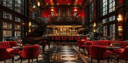 The bar room is luxurious and grand with a grand piano and red sofas