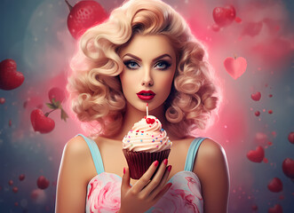 A woman in retro fashion holding a whimsical cupcake surrounded by fruits and hearts