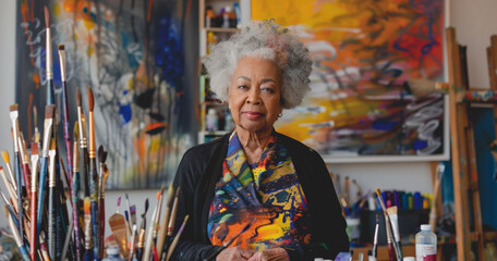 senior black painter woman artist at drawing studio standing by creative colourful pictures and paintbrushes, retired woman looking at camera, art and hobby concept, impressionism and abstract