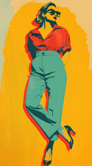 Retro Neon pop-art illustration of a stylish woman walking