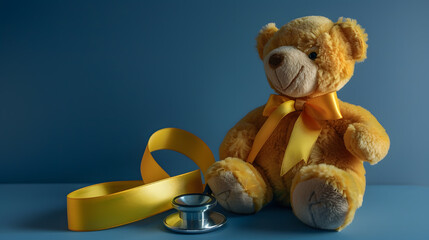 Teddy Bear yellow gold ribbon with stethoscope on blue background  Bone cancer childhood cancer awareness  World Suicide Prevention Day Sarcoma Awareness : Generative AI