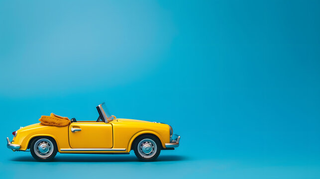 Model of yellow retro toy car cabriolet on solid blue background Miniature car side view with copy space : Generative AI