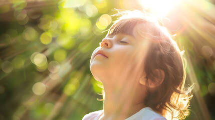Child breathing fresh air Child faith praise and happiness and freedom Kid resting in summer park Kid put face to the sun closed her eyes and feeds energy of nature dreams : Generative AI