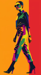 Obraz premium Retro Neon pop-art illustration of a stylish woman walking