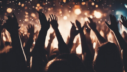 silhouettes of people having fun, hands up at a crowded party at midnight
