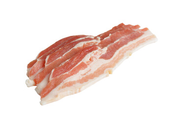 Piece of raw pork bacon close up, macro isolated on white, transparent background. Streaky brisket slices, fresh thin sliced bacon meat, food ingredient