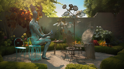 A scene showcasing a man-shaped sculpture constructed from various metallic objects, placed within a serene garden bathed in sunlight, soft pastel hues enhancing the tranquility of the environment, wh