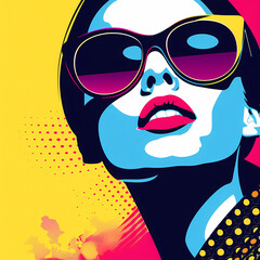 Retro brightly colored pop-art illustration of a woman in sunglasses
