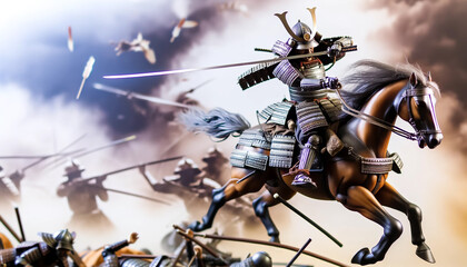 Naklejka premium Samurai Cavalry Charge in Battle「戦闘中の侍騎兵の突撃」