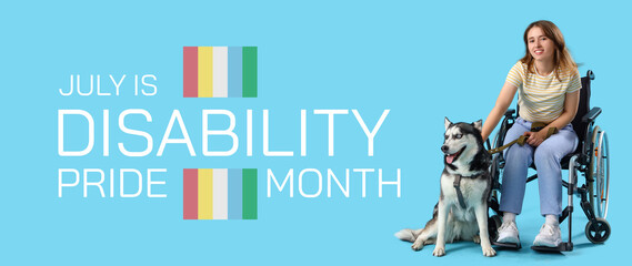 Young woman in wheelchair and with husky dog on light blue background