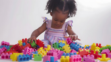 Lovely little cute african american girl playing on the floor with lots of colorful plastic blocks in studio isolated on white background : Generative AI