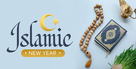 Koran and tasbih on light background. Islamic New Year celebration