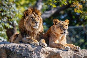 Naklejka premium Two lions are laying on a rock, one of them is looking at the camera. The scene is peaceful and calm, with the lions resting and enjoying the view