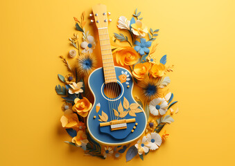 A blue ukulele with vibrant paper flowers, ideal for springtime musical themes