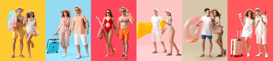 Naklejka premium Set of happy young couple on color background. Travel concept