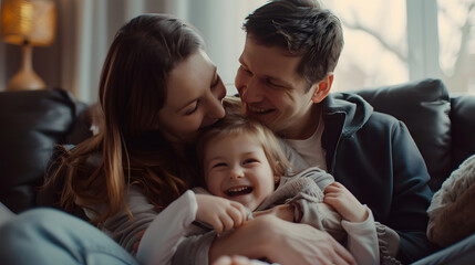 Obraz premium Happy young parents cuddling sweet adorable kid girl on comfortable home couch hugging child with love adoration laughing spending family leisure with daughter child together : Generative AI
