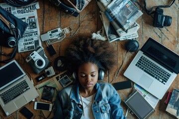 Fototapeta premium The top view of picture that about young african american human laying down and listening to the music and focused in the full of the thought and music with room that surrounded with devices. AIGX03.