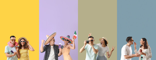 Collage of happy young couple on color background. Travel concept