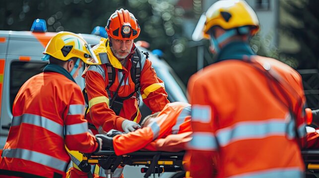 Three emergency workers are tending to a person in an orange jacket. The scene is tense and serious, as the workers are focused on providing medical assistance to the injured person