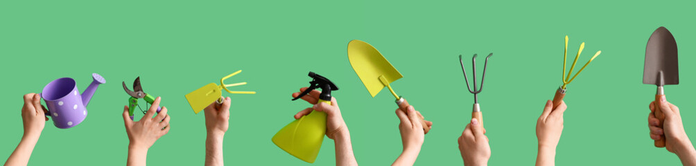 Many hands holding gardening supplies on green background