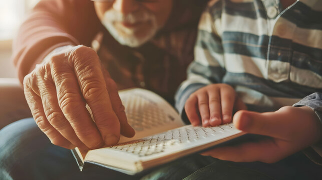 Cropped hands of caucasian grandfather assisting blind grandson in reading braille book at home Unaltered family togetherness childhood retirement education touching and disability con : Generative AI - Powered by Adobe