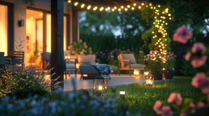 A backyard with a patio area lit up with lights and flowers. Scene is warm and inviting