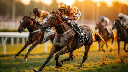 Obraz premium Horse racing with jockeys on horse racing field at sunset