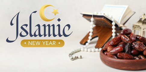 Bowl with dried dates for Ramadan on light table, closeup