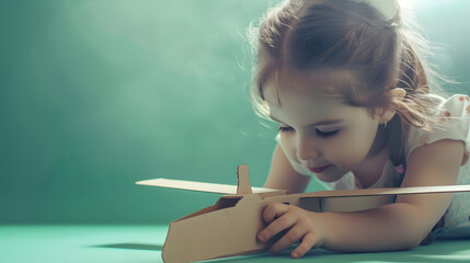Little cute girl playing with a cardboard airplane White retro style cardboard airplane on mint green background  Childhood dream imagination concept : Generative AI