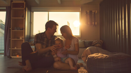 Naklejka premium Young family with small daughter indoors weekend away in container house in countryside : Generative AI