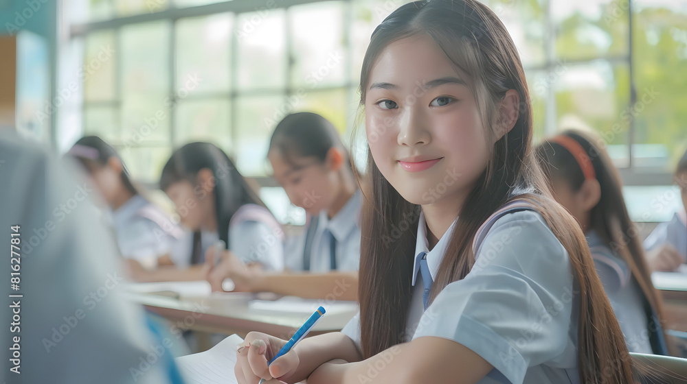 Poster academic concept smiling junior asian school girl sitting at desk in classroom writing in notebook p