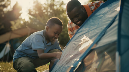 Happy african american son and father pitching tent together in sunny garden summer childhood fatherhood free time camping togetherness and outdoor activities unaltered : Generative AI
