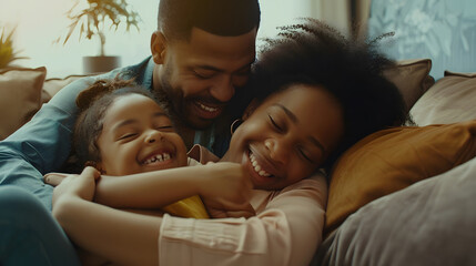 Fototapeta premium Happy young parents cuddling sweet adorable kid girl on comfortable home couch hugging child with love adoration laughing spending family leisure with daughter child together : Generative AI