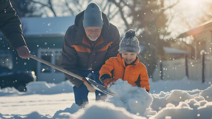 Adorable toddler boy helping his grandfather to shovel snow in a backyard on winter day Cute child wearing warm clothes playing in a snow Winter activities for family with kids : Generative AI