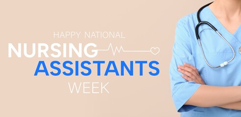 Banner for Happy National Nursing Assistants Week with female nurse