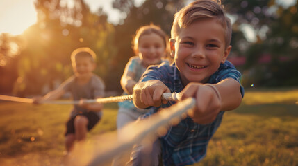 Children playing tug of war at the park : Generative AI