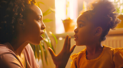 Close up African American mother teaching disabled daughter showing symbols little girl practicing sign language repeating sounds involved in speaking lesson with teacher at home heari : Generative AI