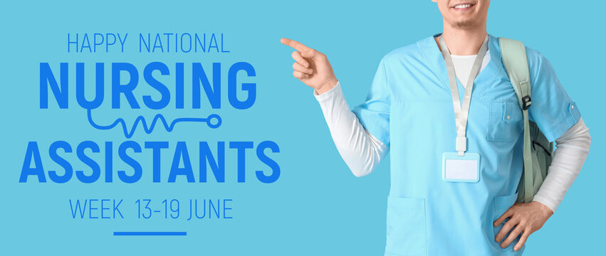 Male medical intern with backpack pointing at something on blue background