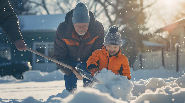 Adorable toddler boy helping his grandfather to shovel snow in a backyard on winter day Cute child wearing warm clothes playing in a snow Winter activities for family with kids : Generative AI